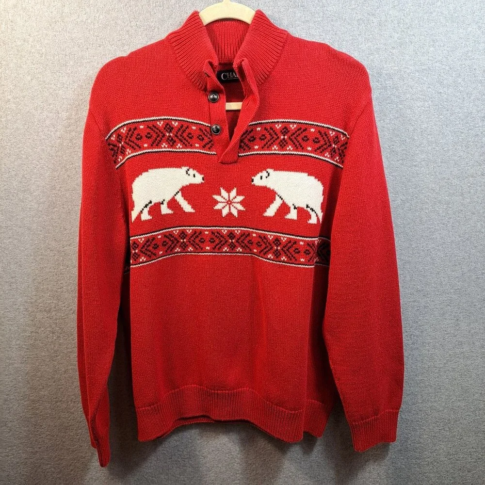 Chaps Mens L 43" Sweater Pullover Unisex Red Polar Bear Winter 100% Cotton - Picture 2 of 11